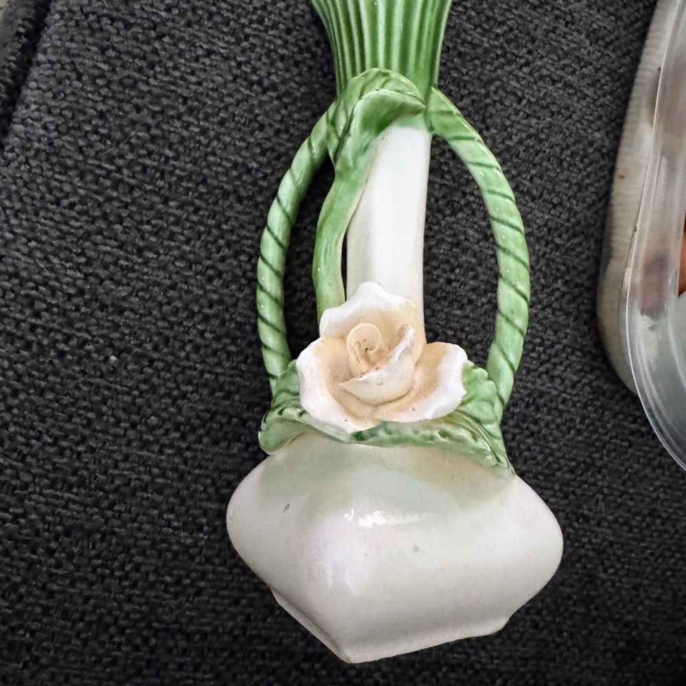 Vintage Green and White Ceramic Vase with Rose Detail